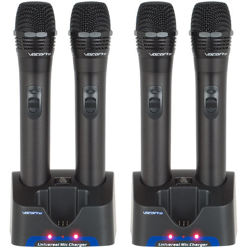 VocoPro UHF-5805-10 Sistema de micrófonos inalámbricos UHF recargable 4 canales con estuche de aluminio