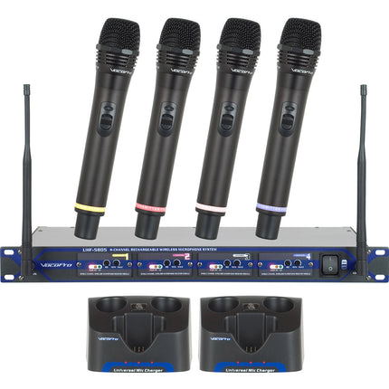 VocoPro UHF-5805-9 Sistema inalámbrico recargable 4 canales 902-910 MHz estuche aluminio