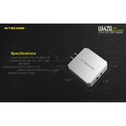 Cargador de Pared Nitecore UA42Q 36W 2 Puertos USB con Quick Charge 3.0