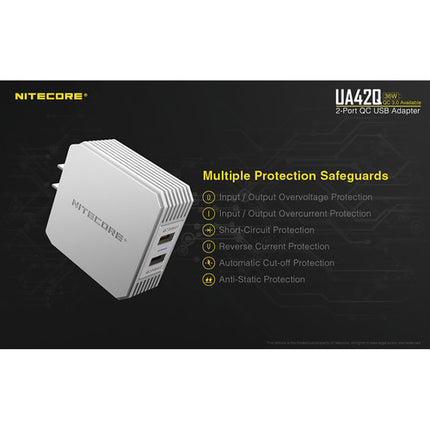 Cargador de Pared Nitecore UA42Q 36W 2 Puertos USB con Quick Charge 3.0