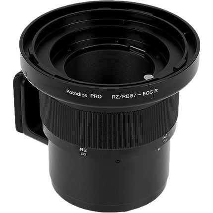 Adaptador FotodioX Pro para lentes Mamiya RB67 RZ67 a Canon RF con montura de latón cromado y soporte trípode integrado