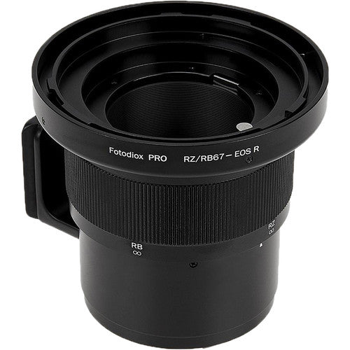 Adaptador FotodioX Pro para lentes Mamiya RB67 RZ67 a Canon RF con montura de latón cromado y soporte trípode integrado
