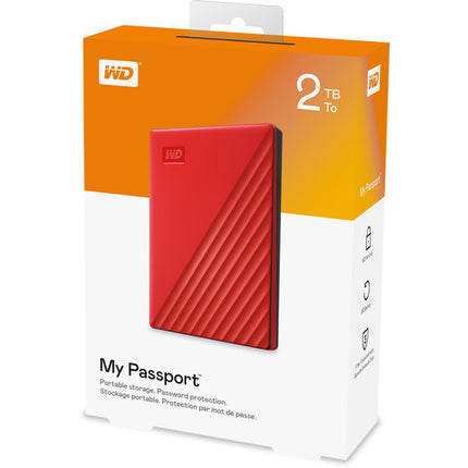 WD 2TB My Passport Disco Duro Externo USB 3.2 Gen 1 Rojo Seguro
