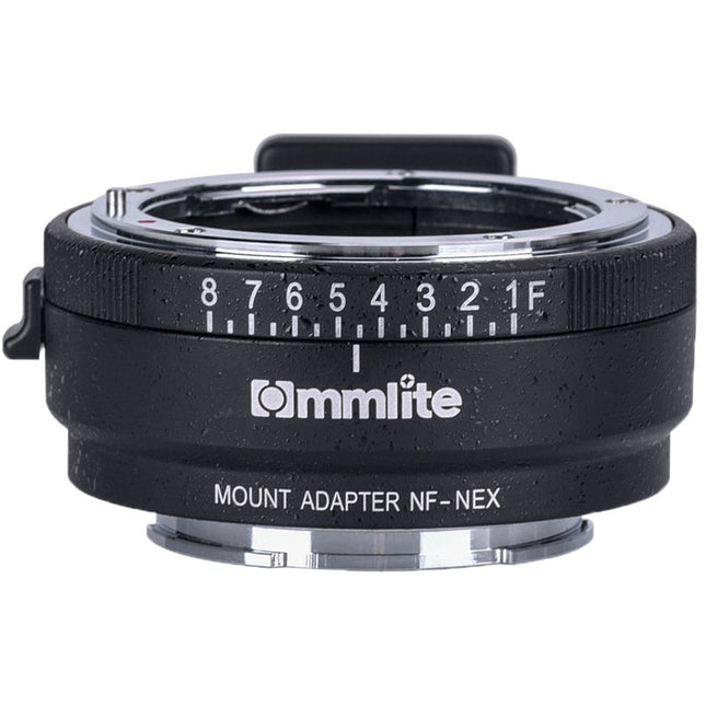 Commlite Adaptador de Montura para Lentes Nikon F a Sony E con Control de Apertura y Pie de Trípode
