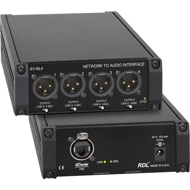 RDL AV-NL4 Interface de Audio Red Dante 4 Salidas XLR Balanceadas 24-Bit