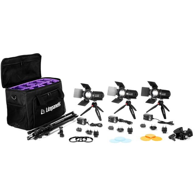 Litepanels Caliber LED Fresnel Kit 3 Luces Ángulo 15-73° con Estuche