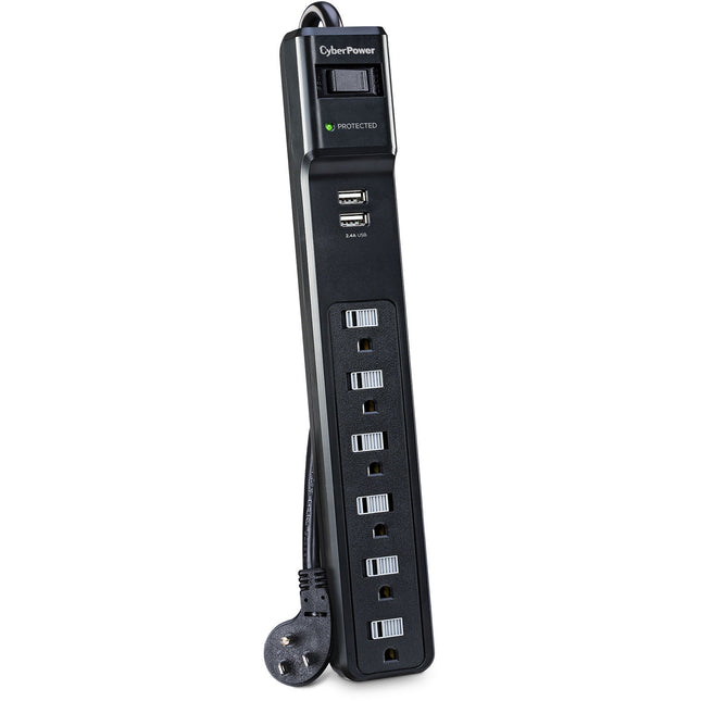 CyberPower P604URC1 Protector Contra Sobretensiones 6 Enchufes 2 Puertos USB 500 Julios Negro