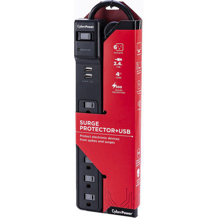 CyberPower P604URC1 Protector Contra Sobretensiones 6 Enchufes 2 Puertos USB 500 Julios Negro