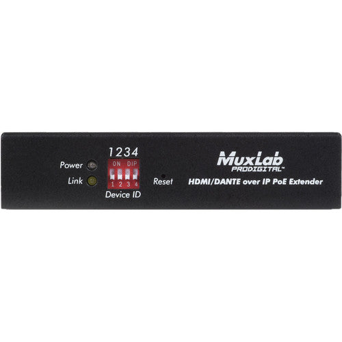 MuxLab 4K HDMI Dante sobre IP Transmisor PoE 4 DIP RS232 IR 328ft