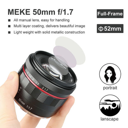 Meike MK-50mm f/2 Lente para Sony E Apertura f2 a f22 Metal y Funda