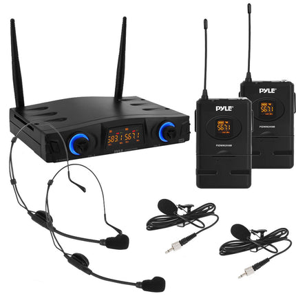 Pyle Pro PDWM2958B sistema de micrófono inalámbrico para 2 personas 165 pies alcance 2 micrófonos de solapa y 2 de diadema