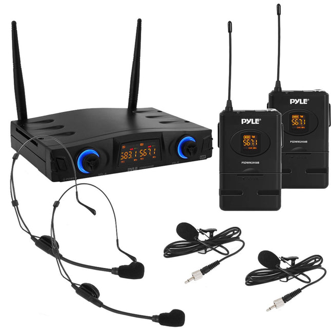 Pyle Pro PDWM2958B sistema de micrófono inalámbrico para 2 personas 165 pies alcance 2 micrófonos de solapa y 2 de diadema