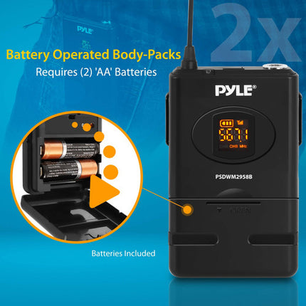 Pyle Pro PDWM2958B sistema de micrófono inalámbrico para 2 personas 165 pies alcance 2 micrófonos de solapa y 2 de diadema