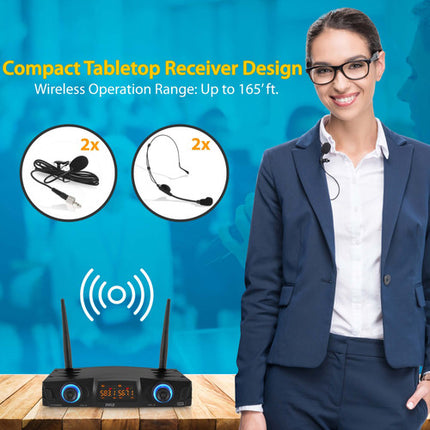 Pyle Pro PDWM2958B sistema de micrófono inalámbrico para 2 personas 165 pies alcance 2 micrófonos de solapa y 2 de diadema