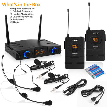 Pyle Pro PDWM2958B sistema de micrófono inalámbrico para 2 personas 165 pies alcance 2 micrófonos de solapa y 2 de diadema