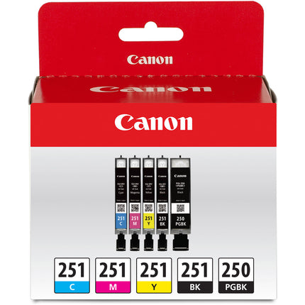 Canon PGI-250 y CLI-251 Pack de 5 Cartuchos para Impresoras PIXMA incluye Papel Fotográfico Plus Glossy II 4x6 pulgadas
