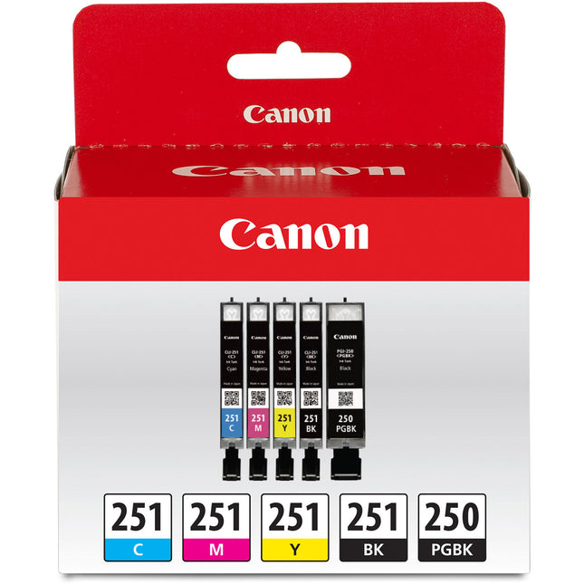 Canon PGI-250 y CLI-251 Pack de 5 Cartuchos para Impresoras PIXMA incluye Papel Fotográfico Plus Glossy II 4x6 pulgadas