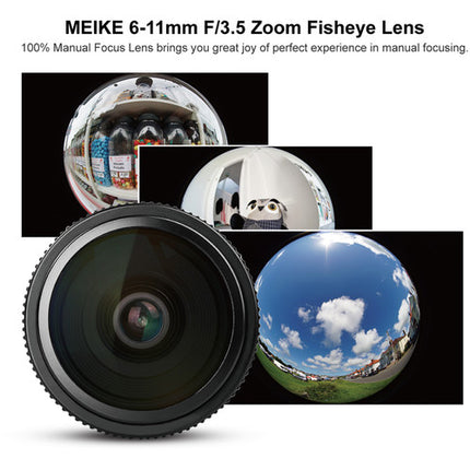 Meike MK-6-11mm f3.5 objetivo ojo de pez para Sony E con apertura f3.5-f16 y ángulo 180°