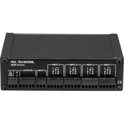 RDL RU-MX5ML mezclador de audio 5 canales 24V phantom power panel frontal