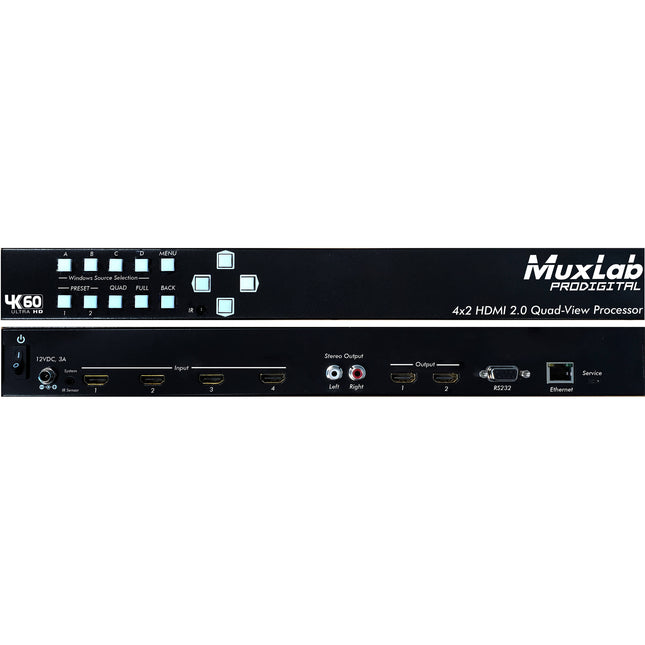 MuxLab 4x2 HDMI 2.0 Procesador Quad-View UHD 4K60 4:4:4 Audio 2-Ch PCM
