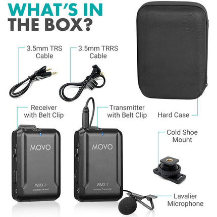Movo Photo WMX-1 Sistema de Micrófono Lavalier Inalámbrico 2.4 GHz 6 Horas de Uso 200 Pies de Alcance