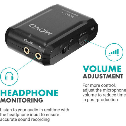 Movo Photo WMX-1 Sistema de Micrófono Lavalier Inalámbrico 2.4 GHz 6 Horas de Uso 200 Pies de Alcance