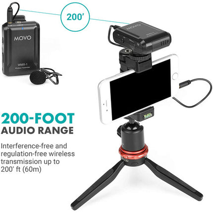 Movo Photo WMX-1 Sistema de Micrófono Lavalier Inalámbrico 2.4 GHz 6 Horas de Uso 200 Pies de Alcance