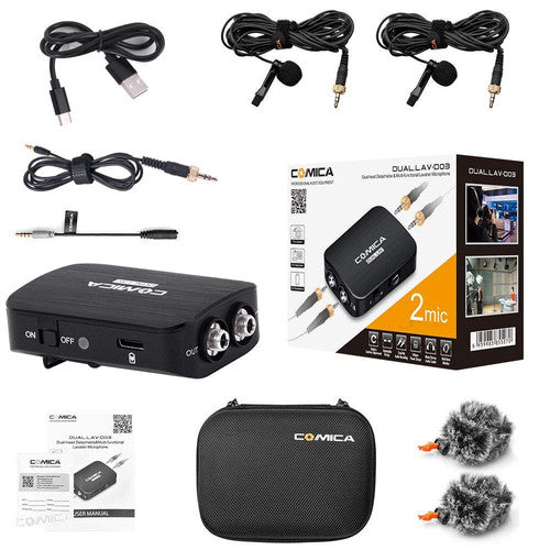 Comica Audio DUAL.LAV D03 Micrófonos Lavalier Dobles Omnidireccionales 2 Personas Monitoreo en Tiempo Real