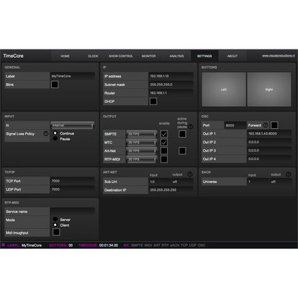 Visual Productions TimeCore Generador Convertidor y Display de Timecode con software y control por red