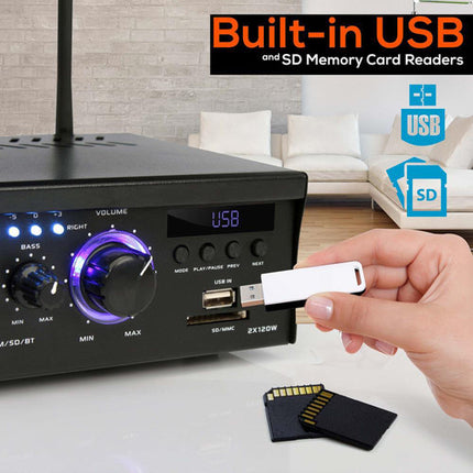 Pyle Pro PCAU46BA Receptor de Audio Estéreo Bluetooth 120W RCA Aux USB
