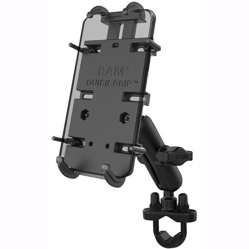 Soporte para teléfono RAM Mounts Quick-Grip XL con base U-Bolt para barras 0.5 a 1.25 pulgadas y brazo medio