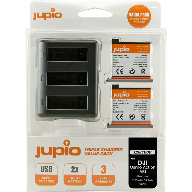 Jupio Packs de Batería Li-Ion 1220mAh 3.85V para DJI Osmo Action 4K y Cargador Triple Compacto