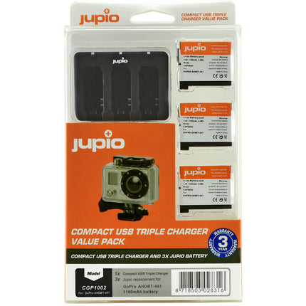Jupio Baterías de 1160mAh 3.8V para GoPro HERO4 con Cargador Triple USB Compacto