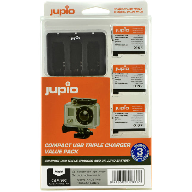 Jupio Baterías de 1160mAh 3.8V para GoPro HERO4 con Cargador Triple USB Compacto