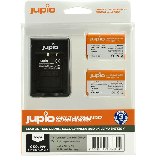 Jupio Pack de 2 Baterías NP-BX1 1250mAh y Cargador USB Doble Cara