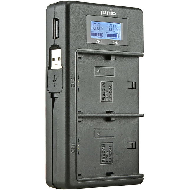 Jupio Cargador USB Doble para Baterías Canon LP-E6 con Pantalla LCD y Banco de Energía