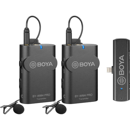 BOYA BY-WM4 PRO-K4 Sistema Micrófono Lavalier Digital Inalámbrico Dos Canales 200ft Alcance 11.5h Batería Lightning iOS