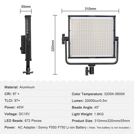 GVM 672S-B Panel LED Bicolor 2000 Lux 45° con Difusor y Barndoor