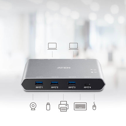 ATEN US3342 Switch USB 3.2 Gen 2 con 4 Puertos y Power Pass-Through 2 Cables Type-C 3.3'