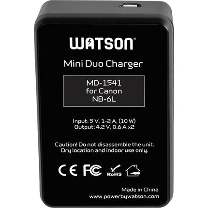 Watson Mini Duo Cargador para Baterías Canon NB-6L con Pantalla LCD y Carga Independiente