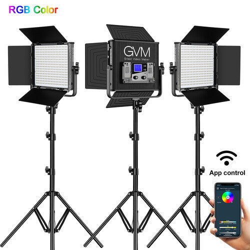 GVM 50RS Panel LED RGB Kit de 3 luces 1100 Lux 13.4x12.7" con soporte estuche y filtros