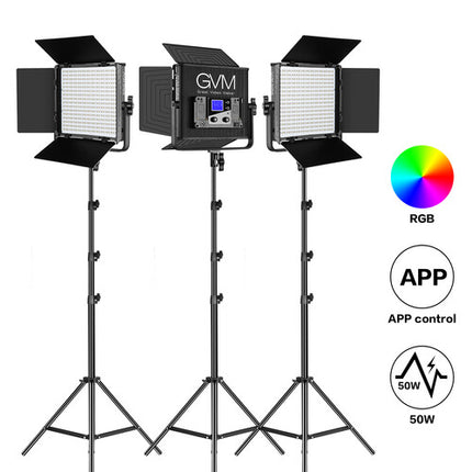 GVM 50RS Panel LED RGB Kit de 3 luces 1100 Lux 13.4x12.7" con soporte estuche y filtros