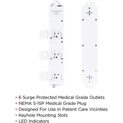 CyberPower Protector de Sobretensión Blanca 6 Tomas Médicas 1560 Julios 15A 15 Pies