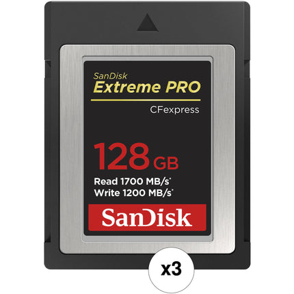 SanDisk 128GB Extreme PRO CFexpress Tipo B Tarjeta de Memoria 1700 MBs lectura 1200 MBs escritura 3 Pack
