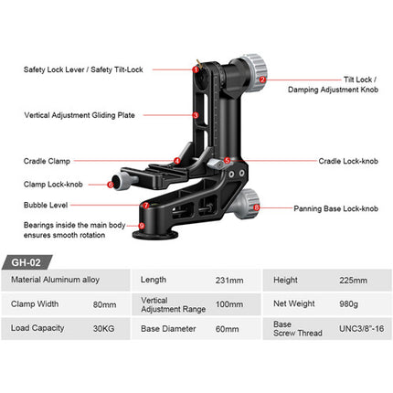 Sunwayfoto GH-02 Cabezal Gimbal capacidad 30 kg altura 25 cm con funda de transporte