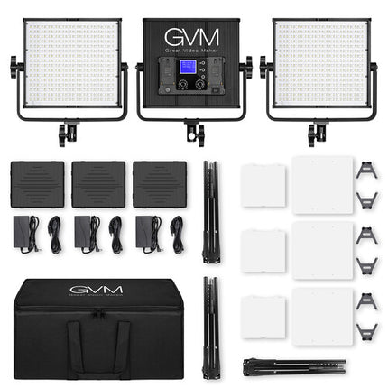 GVM 50RS Panel LED RGB Kit de 3 luces 1100 Lux 13.4x12.7" con soporte estuche y filtros