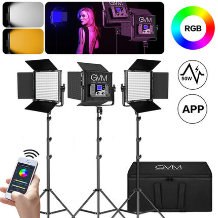 GVM 50RS Panel LED RGB Kit de 3 luces 1100 Lux 13.4x12.7" con soporte estuche y filtros