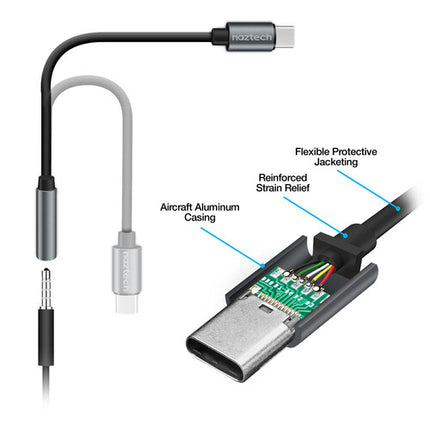 Naztech Adaptador de audio USB Tipo-C a 3.5mm 5 Pulgadas Ultra Flexible