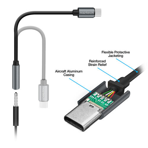 Naztech Adaptador de audio USB Tipo-C a 3.5mm 5 Pulgadas Ultra Flexible
