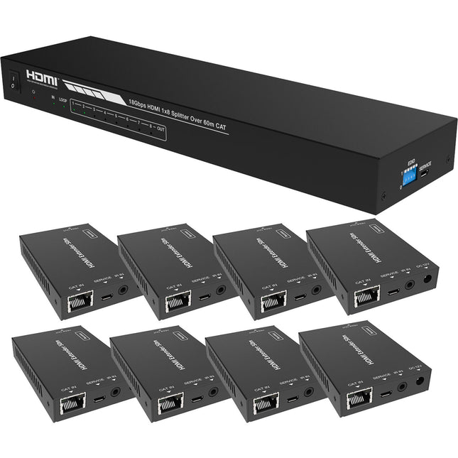 A-Neuvideo 1x8 Splitter Extensor HDMI 4K60 sobre Cat 6 con PoE 8 Receptores 60 m